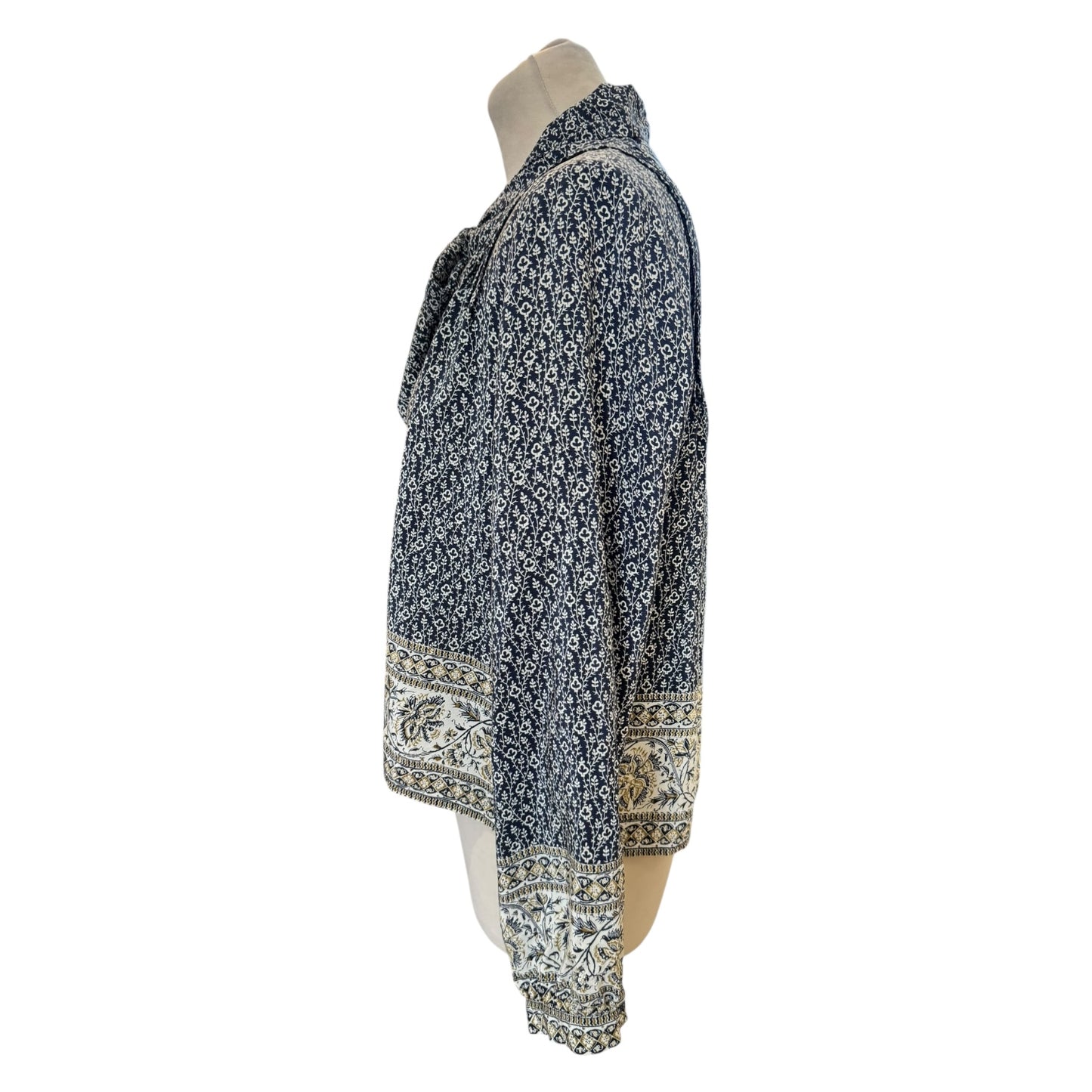 Sea Navy Patterned Silk Tie Neck Top - 10