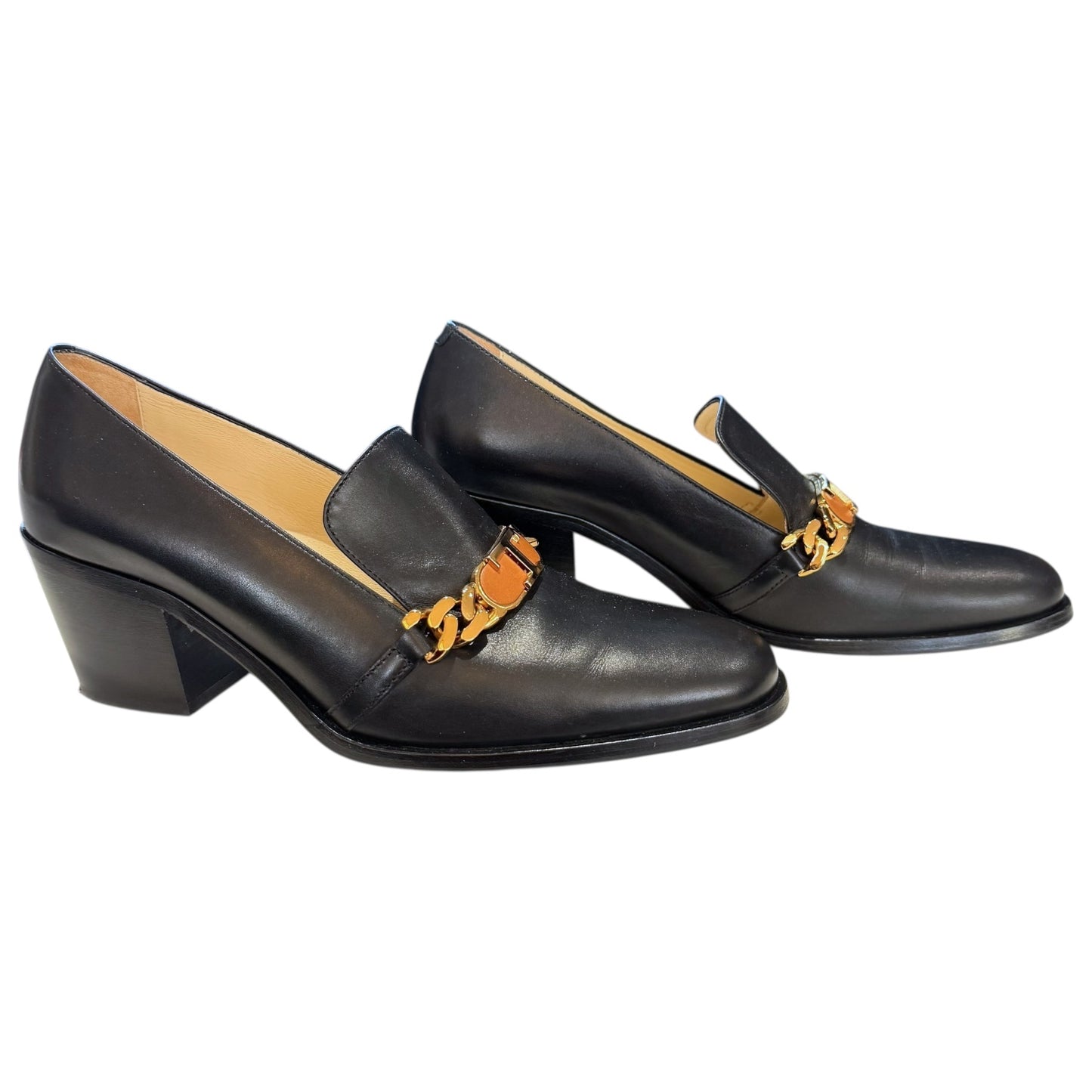 Tod's Black Leather Heeled Pumps with Gold Chain - 38/5