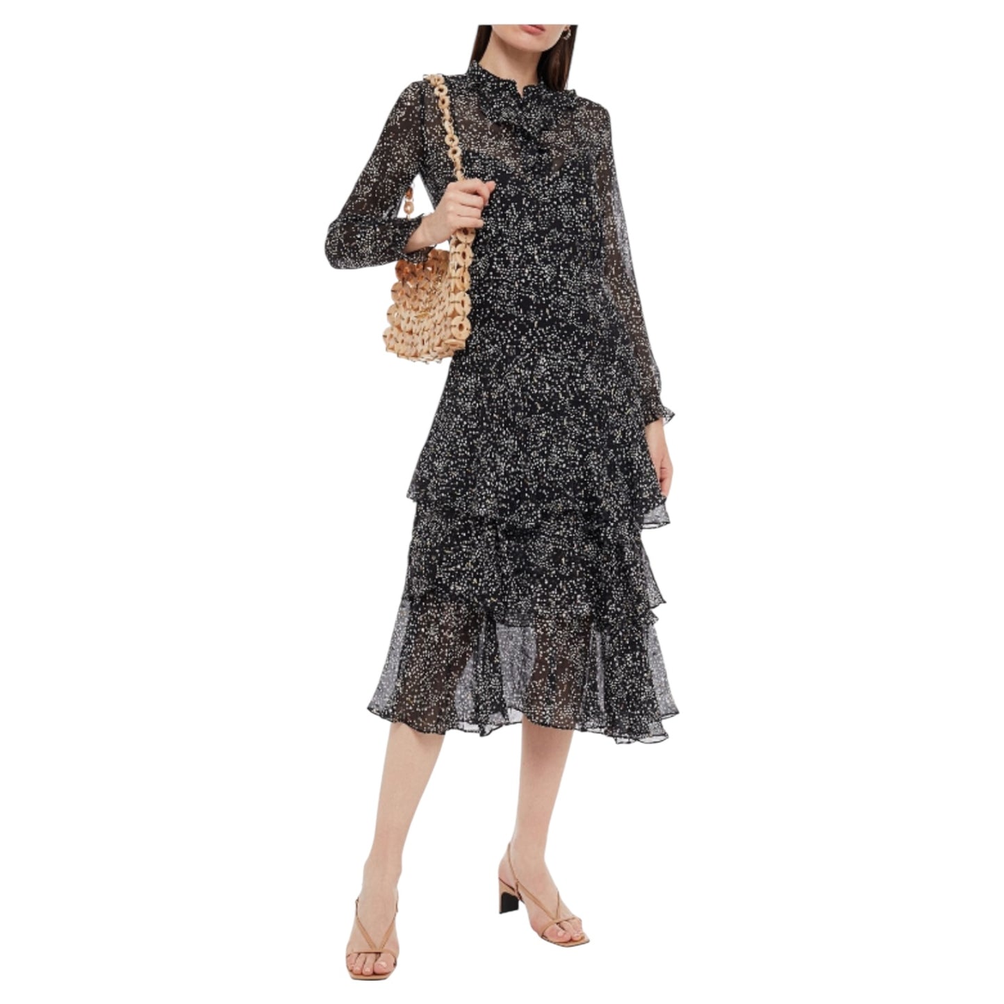 Maje Black, White and Gold Shimmer Silk Tiered Dress - 10