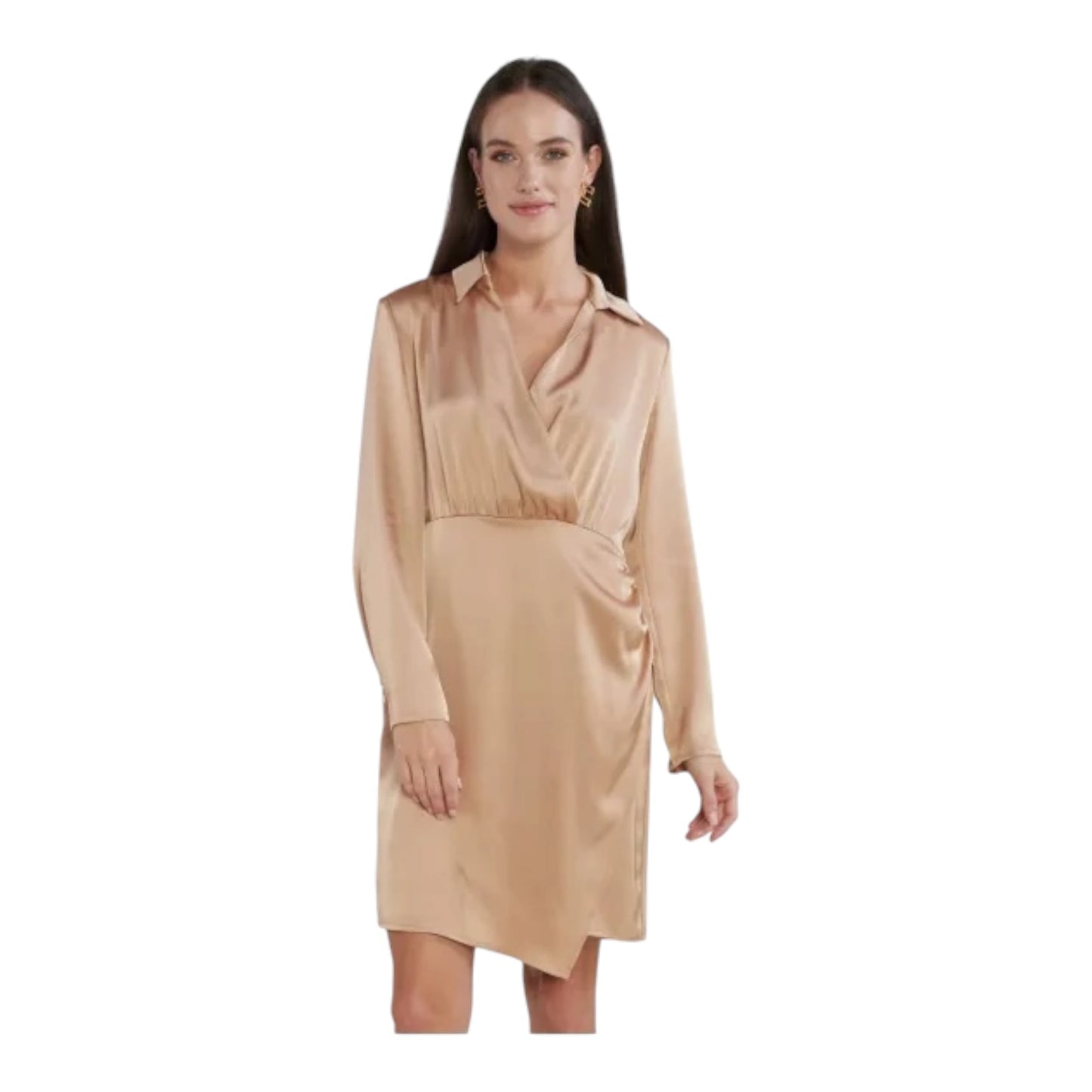 Marc Cain Caramel Satin Drape Shirt Dress - 10/12