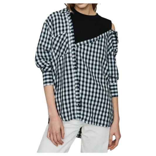 Maje Livie Layered Off Shoulder Black and Navy Check Top - 12