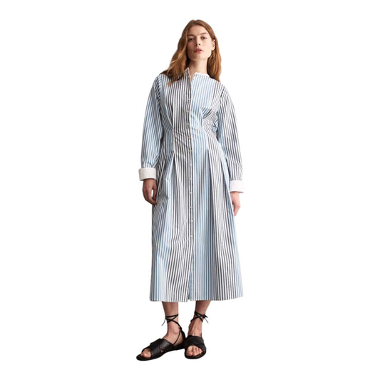 Jaeger Pure Cotton Blue Striped Midi Waisted Dress - 10