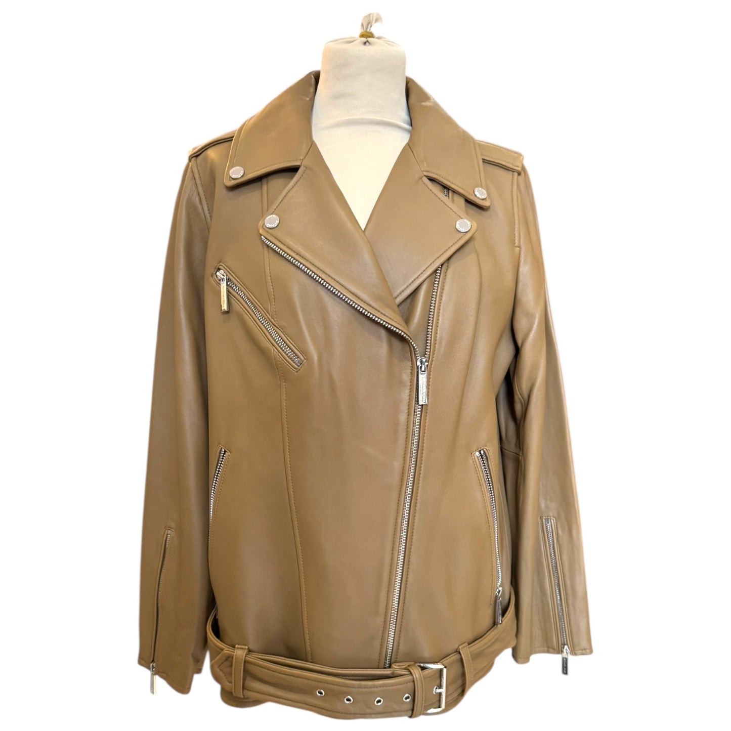 Michael Kors Coffee Oversized Moto Leather Jacket - 14/16 - NEW