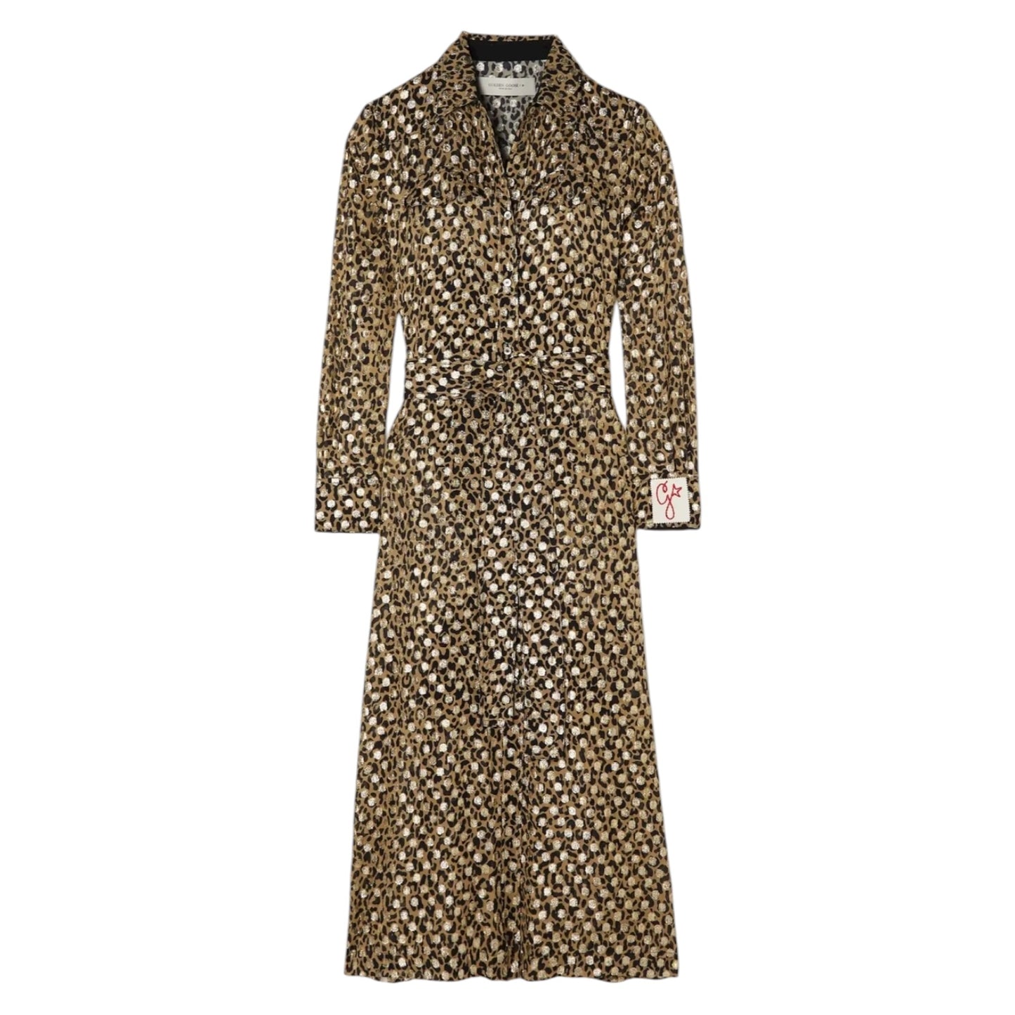 Golden Goose Belted Leopard-Print Metallic Midi Shirt Dress - 12