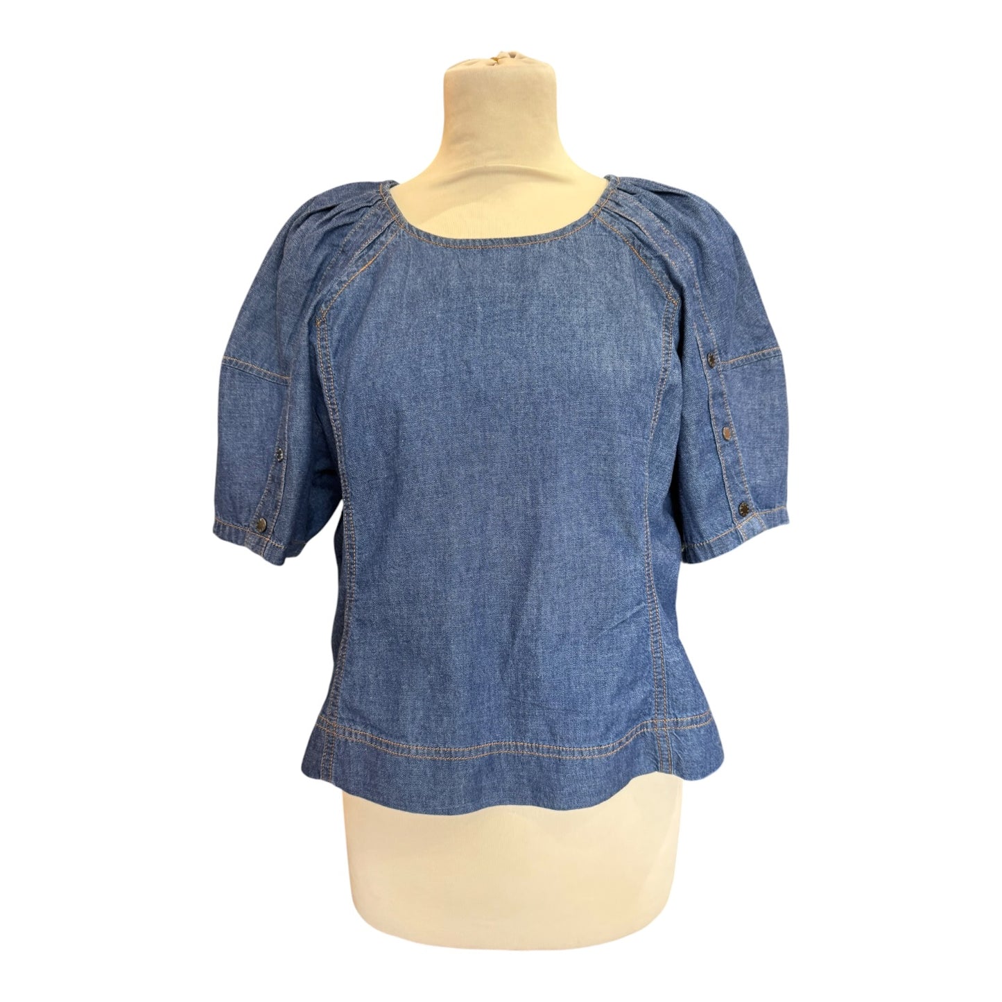DKNY Denim Scoop Neck Puff-Sleeve Top - 12