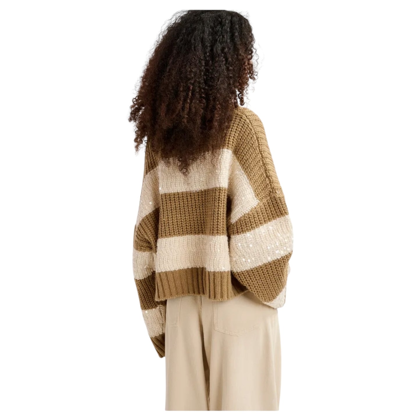 Essentiel Brown and Ecru Knit Sweater with Sequin-Embellished Stripes - 14/16 - NEW