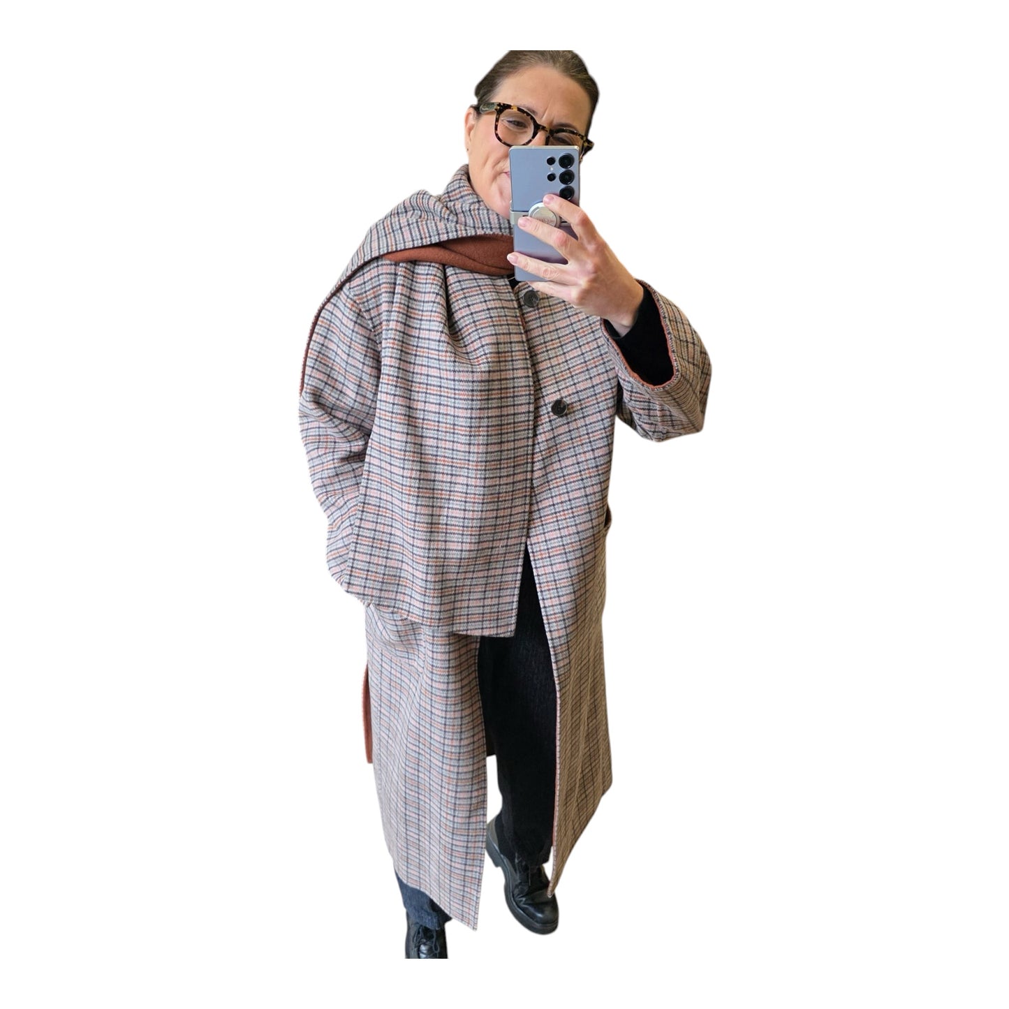 Jaeger Reversible Brown and Check Coat with Scarf - 12
