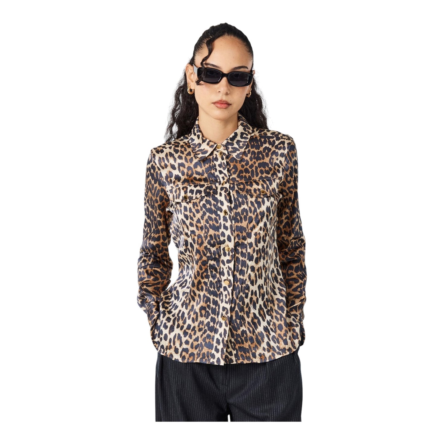 Ganni Satin Animal Print Long Sleeve Blouse - 14 - NEW