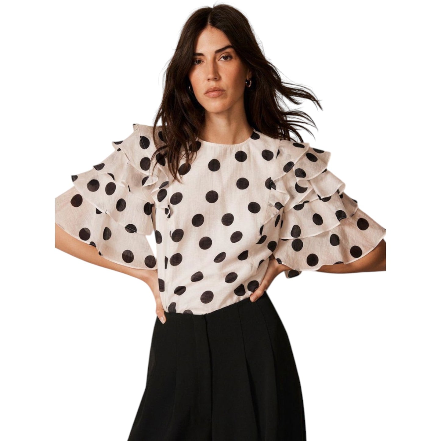 Mint Velvet Polka Dot Ruffle Linen Blend Top - 18 - NEW