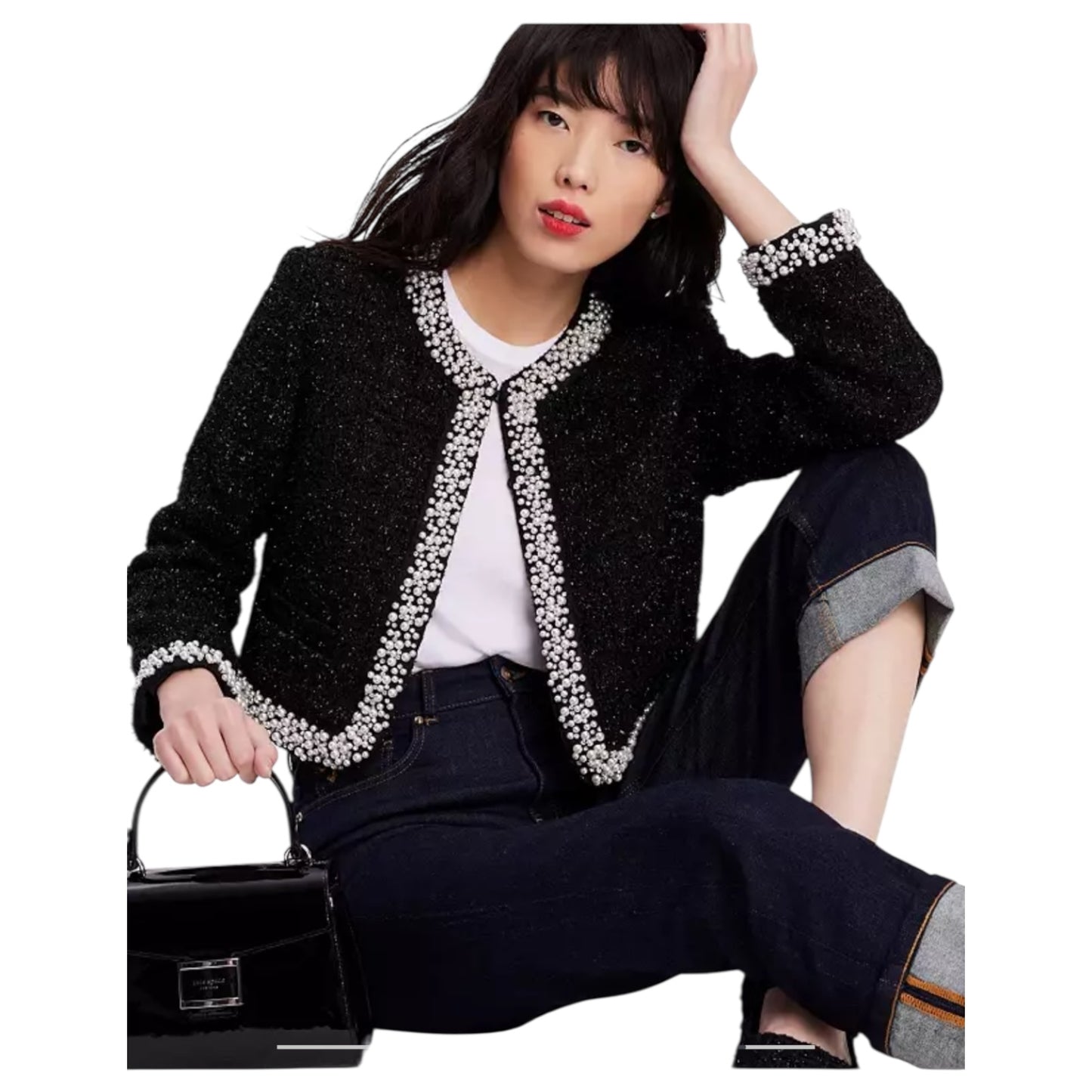 Kate Spade Black Faux Pearl Tweed Cropped Jacket - 12