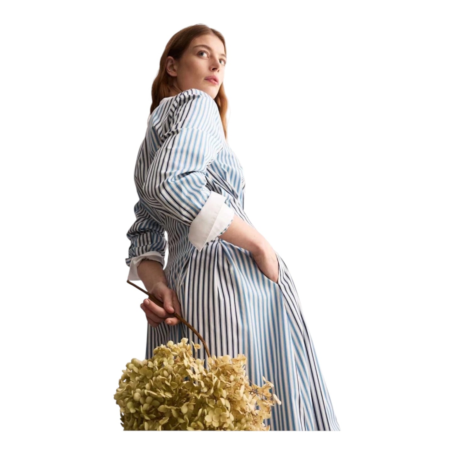 Jaeger Pure Cotton Blue Striped Midi Waisted Dress - 10
