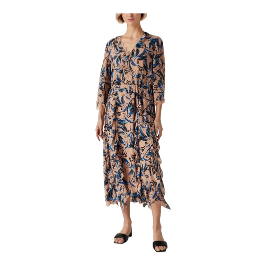 Marc Cain Beige and Blue Tiered Lace Trim Dress - 14