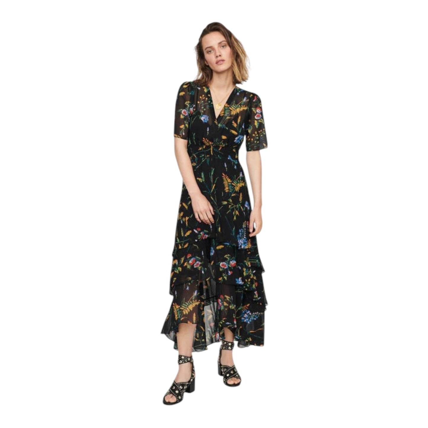 Maje Printed Maxi Dress with Ruffles - 10