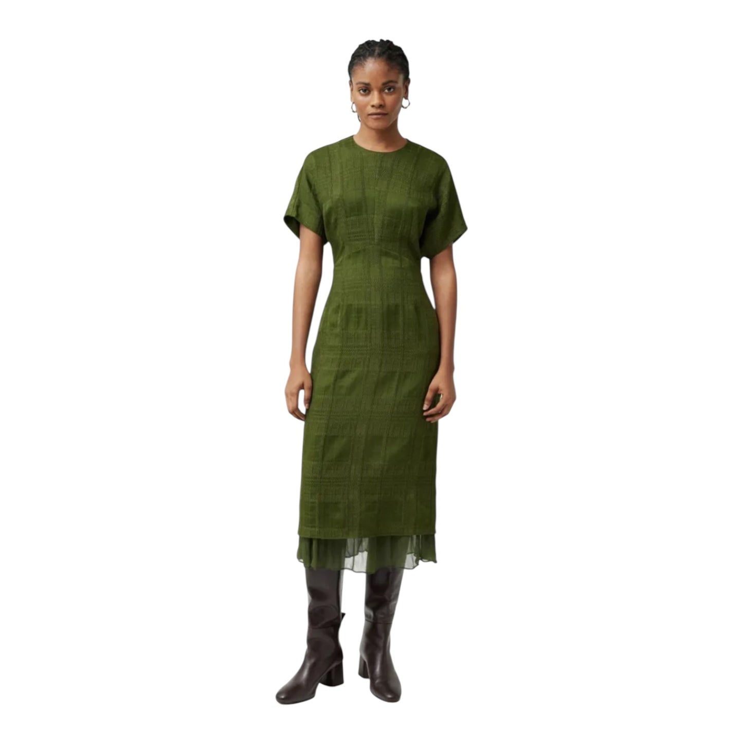 Jigsaw Khaki Textured Check Midi Dress - 10
