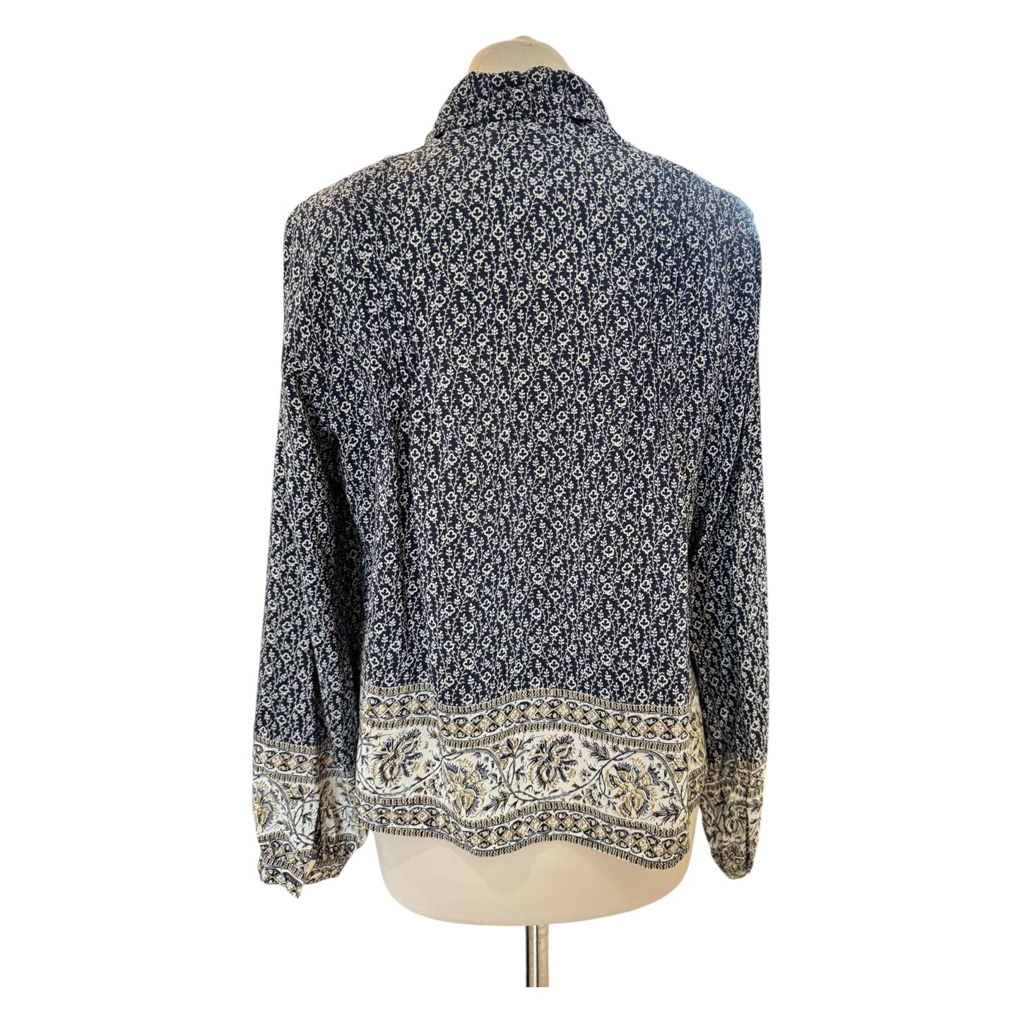 Sea Navy Patterned Silk Tie Neck Top - 10