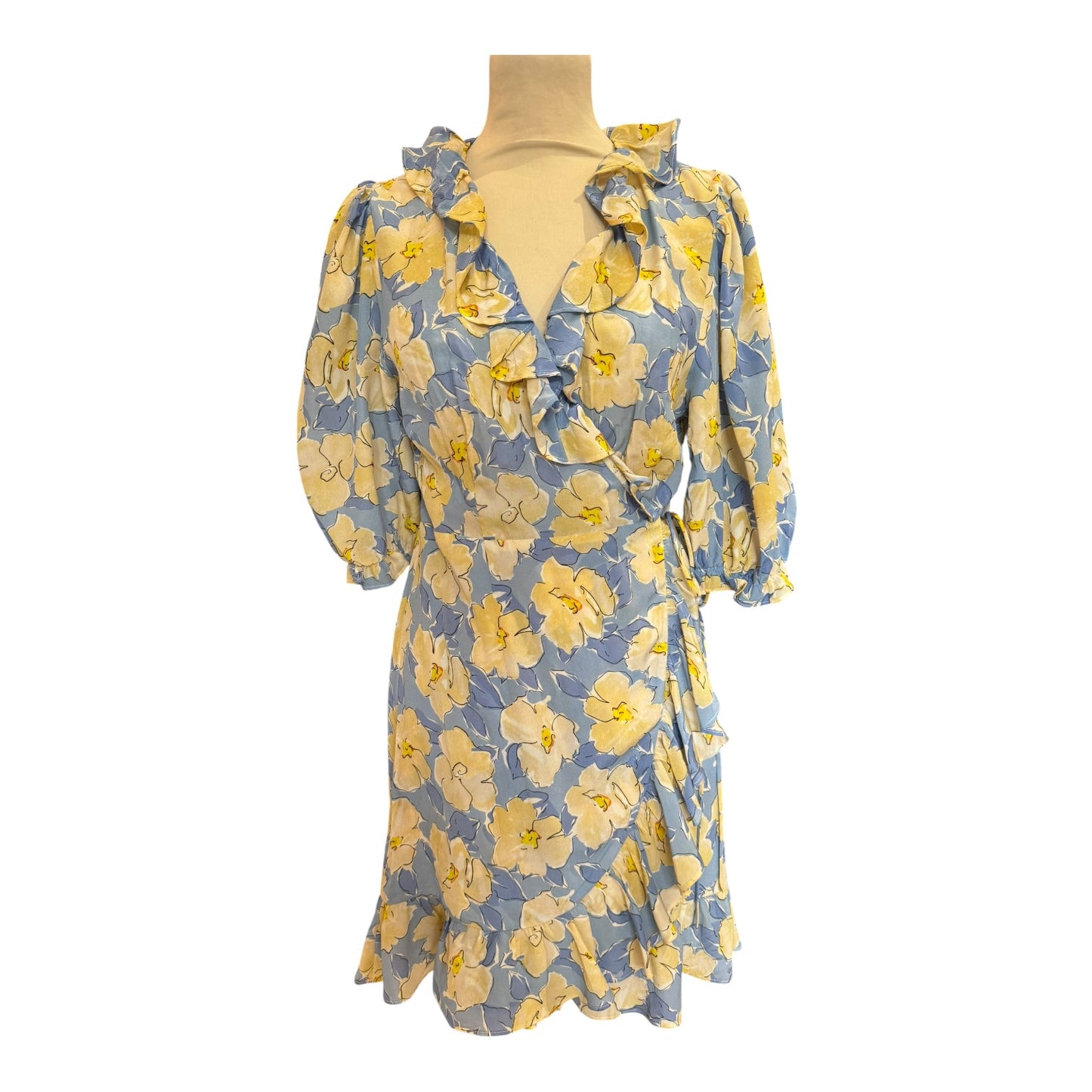Rixo Nina Blue Floral Silk Wrap Mini Dress - 10