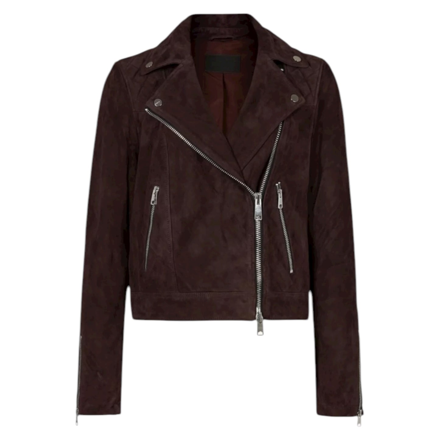 All Saints Caden Suede Biker Jacket in Oxblood Brown - 8 - NEW
