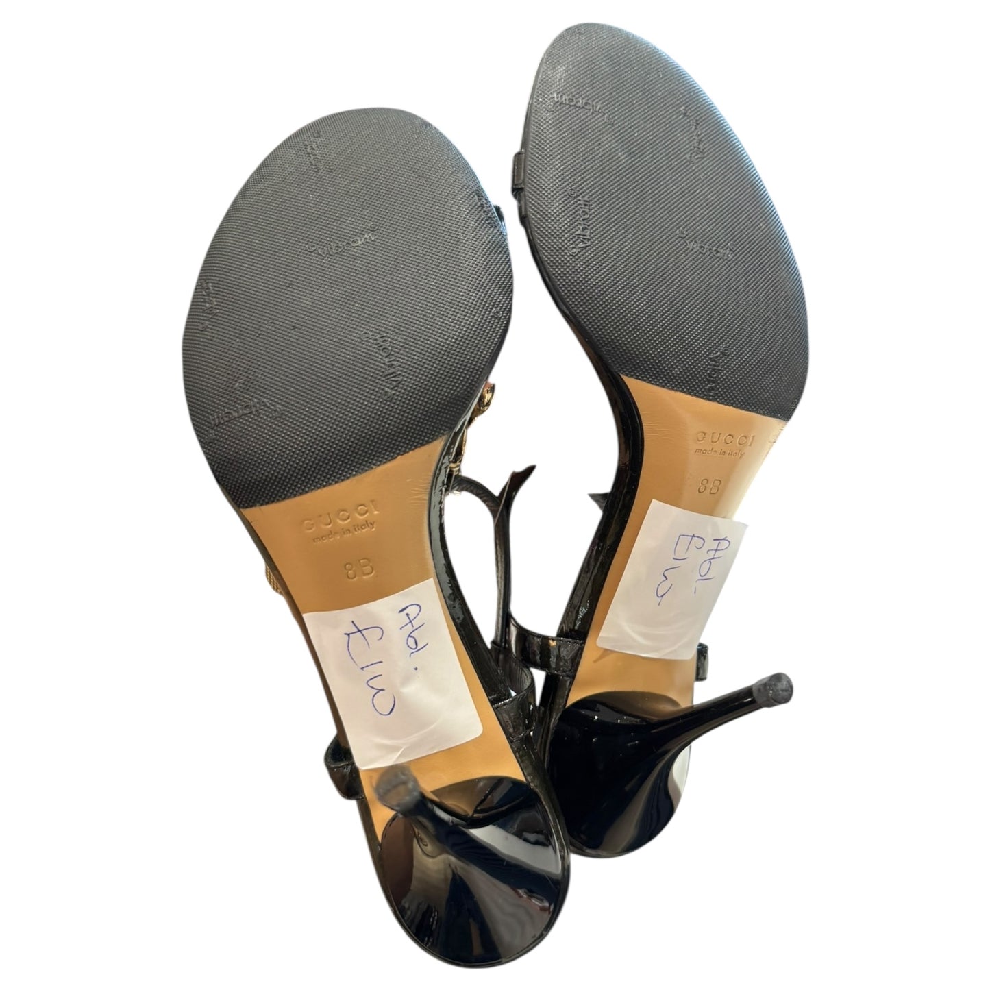 Gucci Black and Gold T Strap Heeled Sandals - 39 / 6