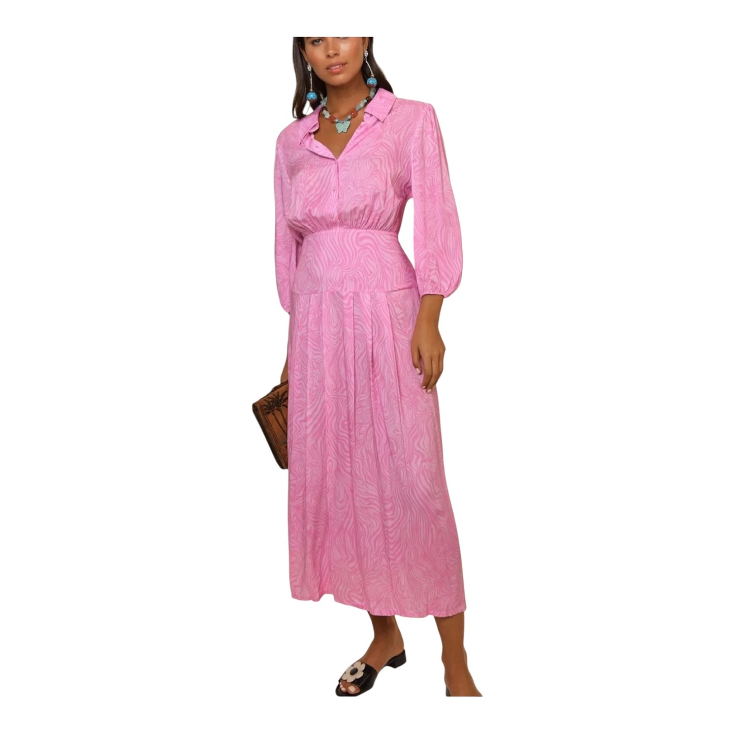Rixo Izzy Pink Marble Zebra Pleated Shirt Dress - 14 & 16 - NEW