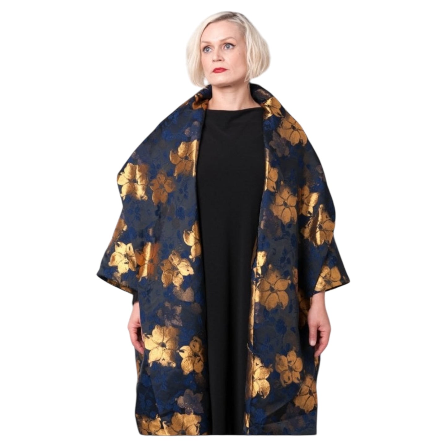 Alembika Exquisite Black Blue & Gold Flower Print Coat - One Size