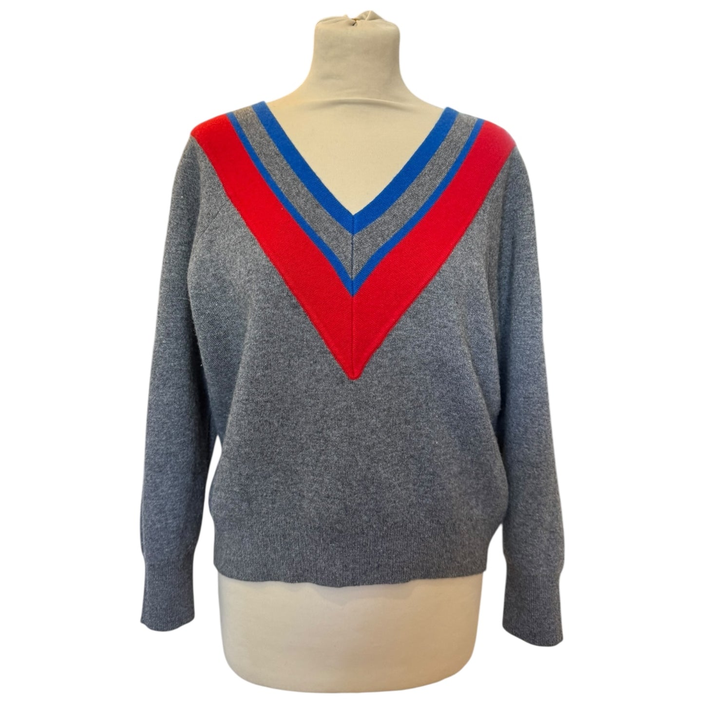 Sandro Grey Sweater with Red and Blue V Neck - 10/12