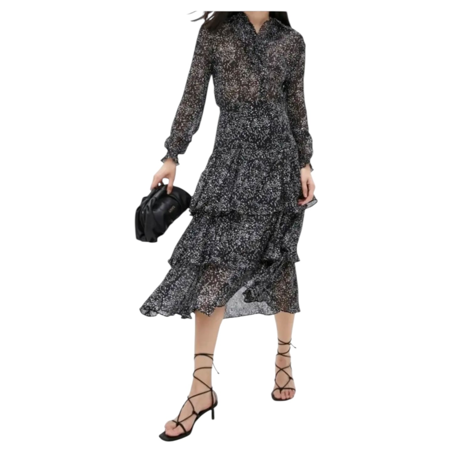 Maje Black, White and Gold Shimmer Silk Tiered Dress - 10