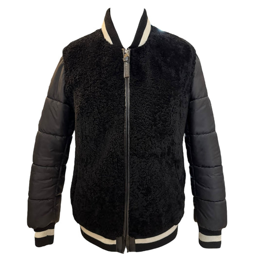 Popski Black Leather Shearling Bomber Jacket - 10