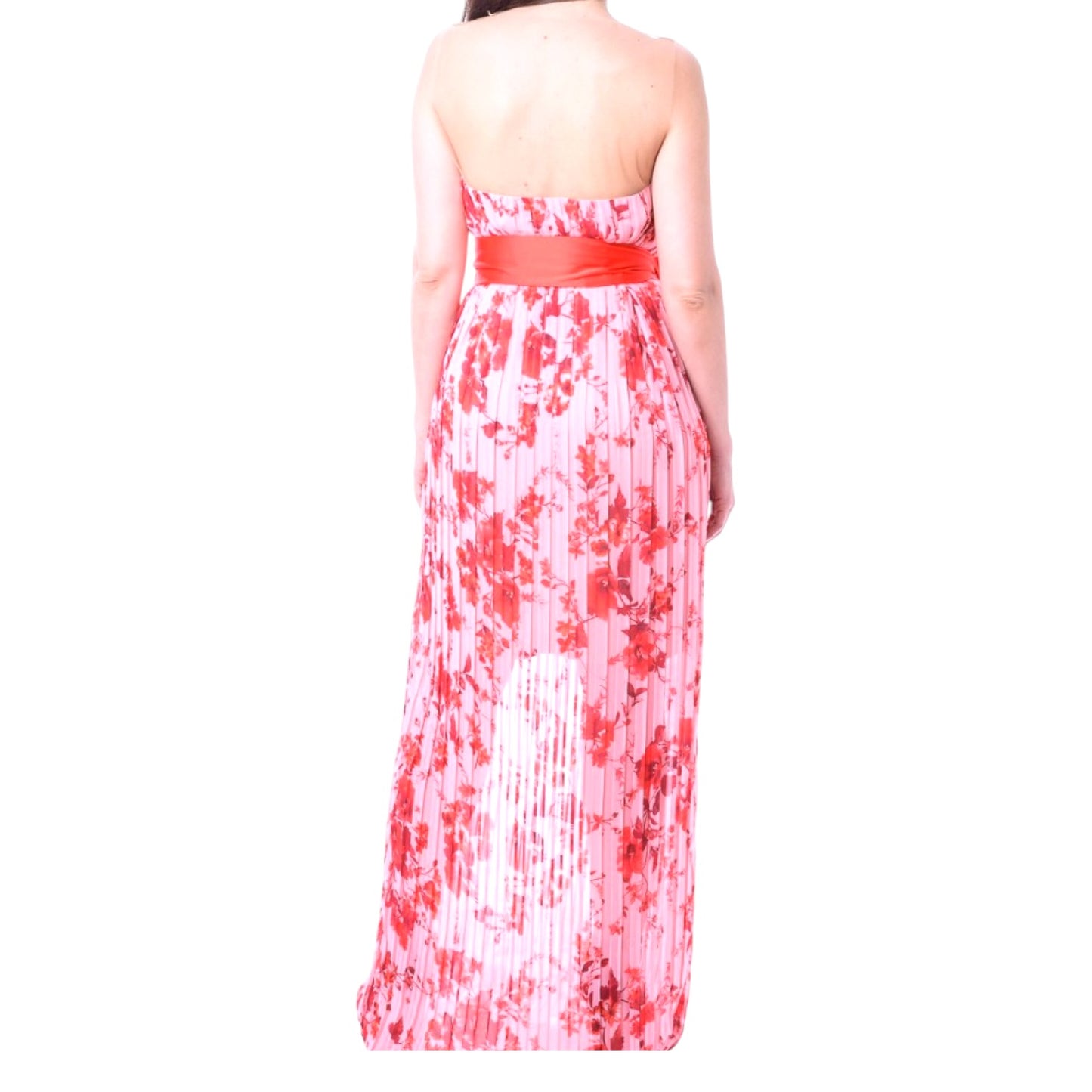 Access Pink and Red Floral Mesh Neck Maxi Dress - 10/12