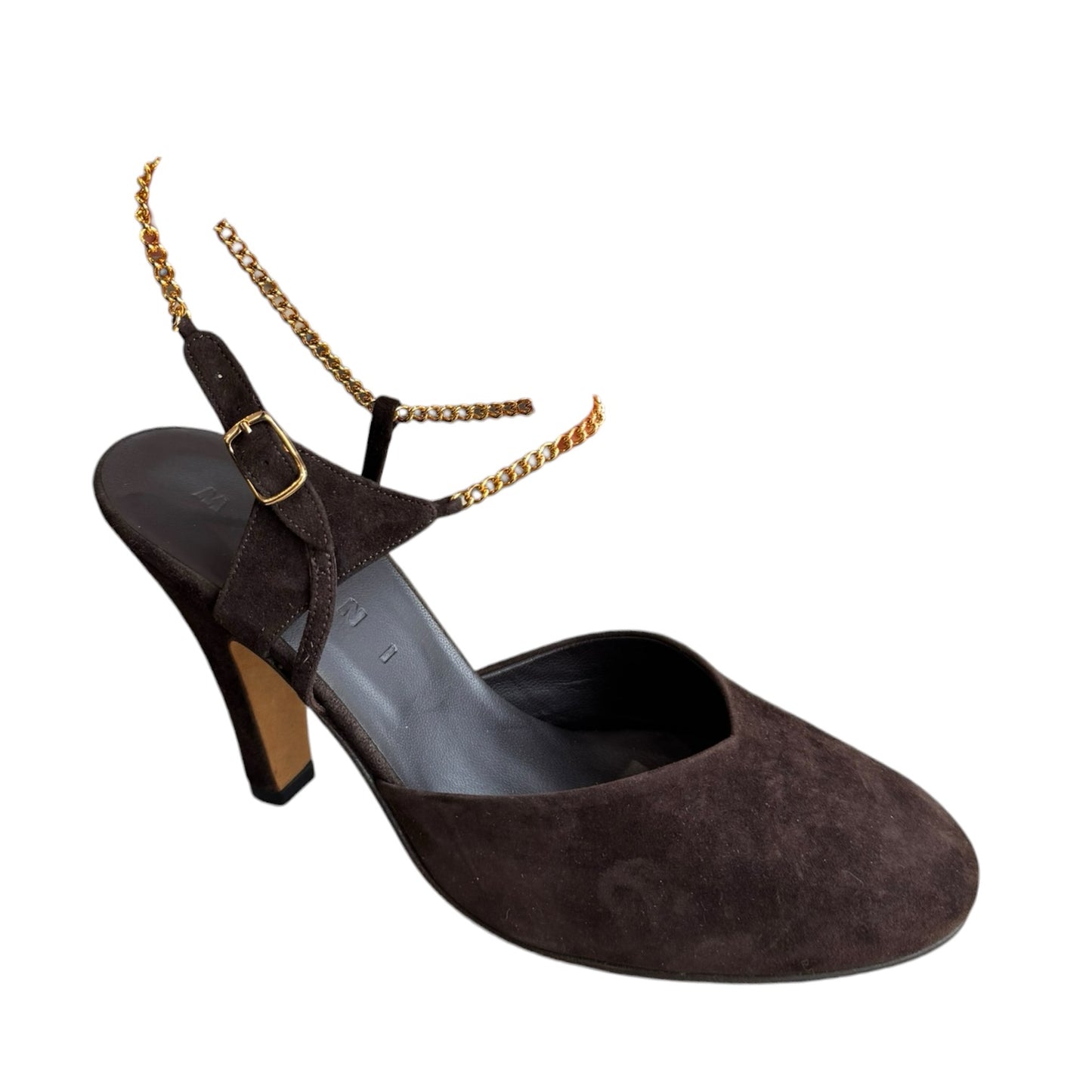 Marni Chocolate Brown Suede Heels with Gold Chain - 4/5 - NEW