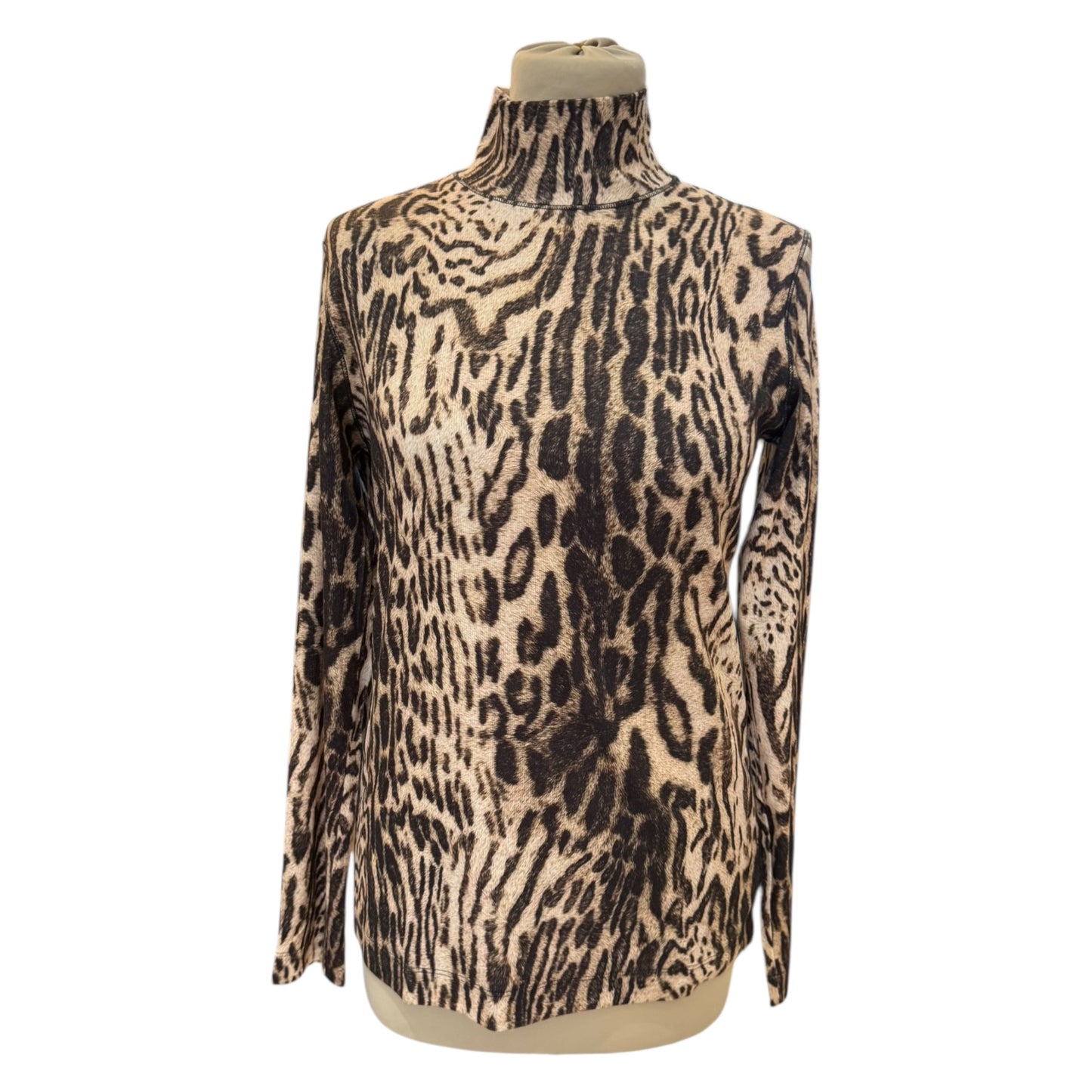 Marc Cain Beige and Black Animal Print Polo Neck Top - 14 - NEW