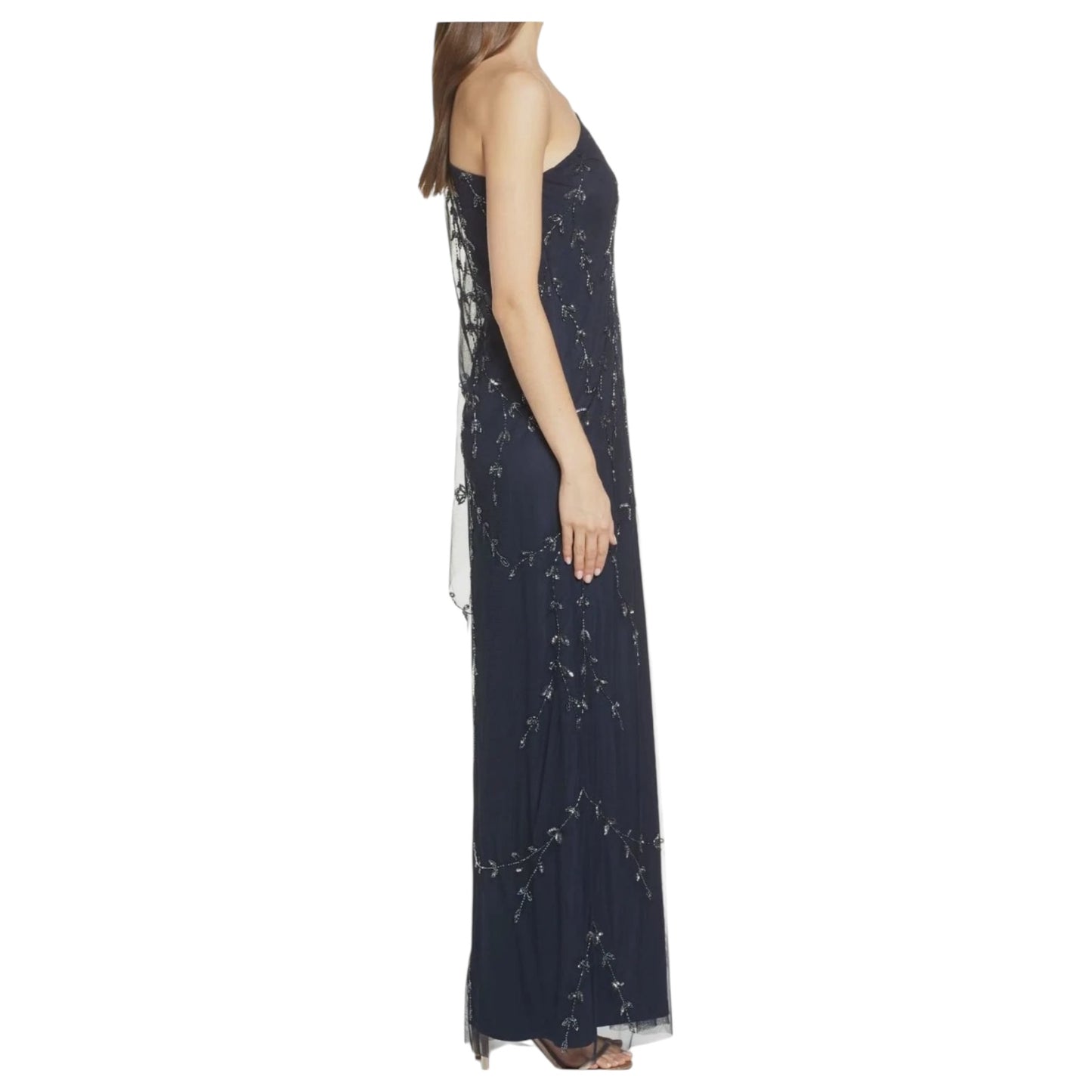 Adrianna Papell Navy Beaded One-Shoulder Evening Dress - 10