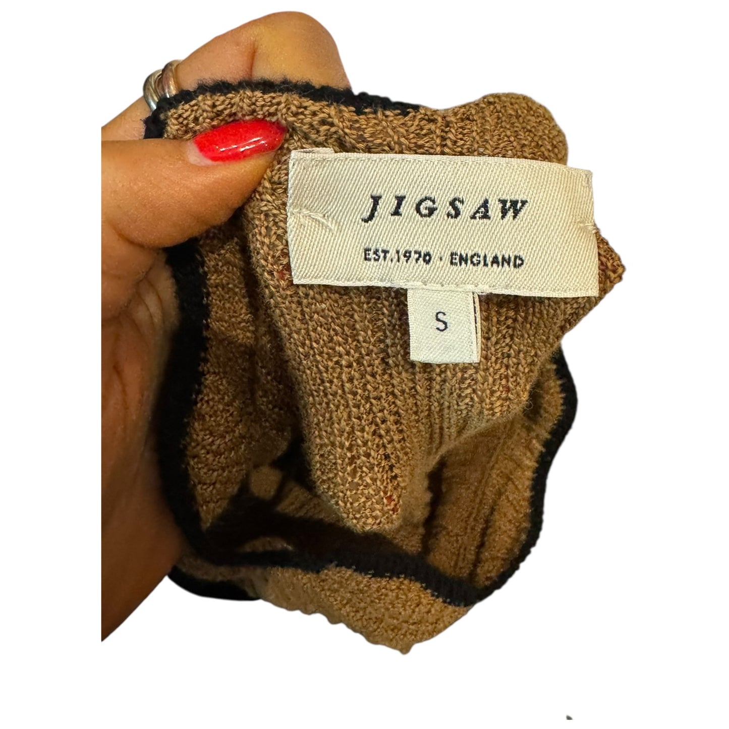Jigsaw Camel and Black Scallop Trim Knitted Dress - 8/10