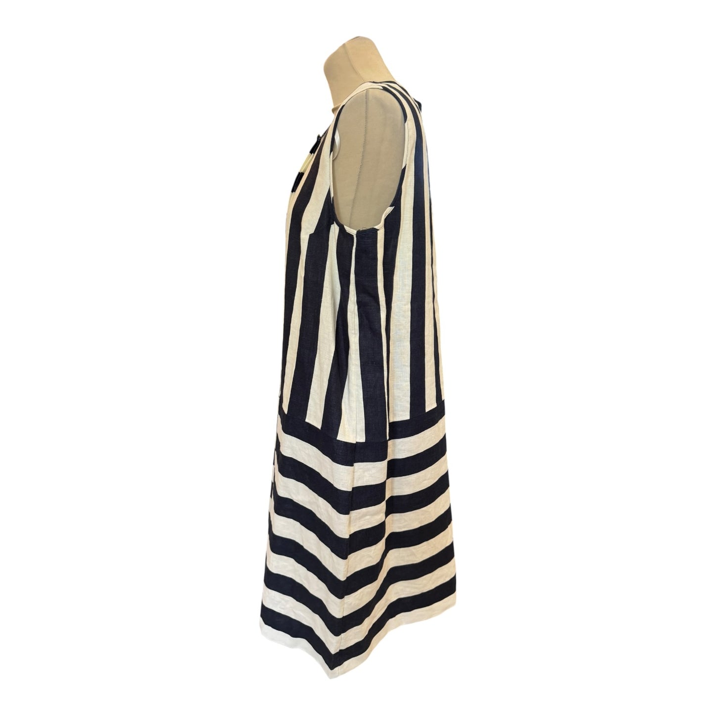 Jaeger Pure Linen Navy and White Striped Shift Dress - 18 - NEW