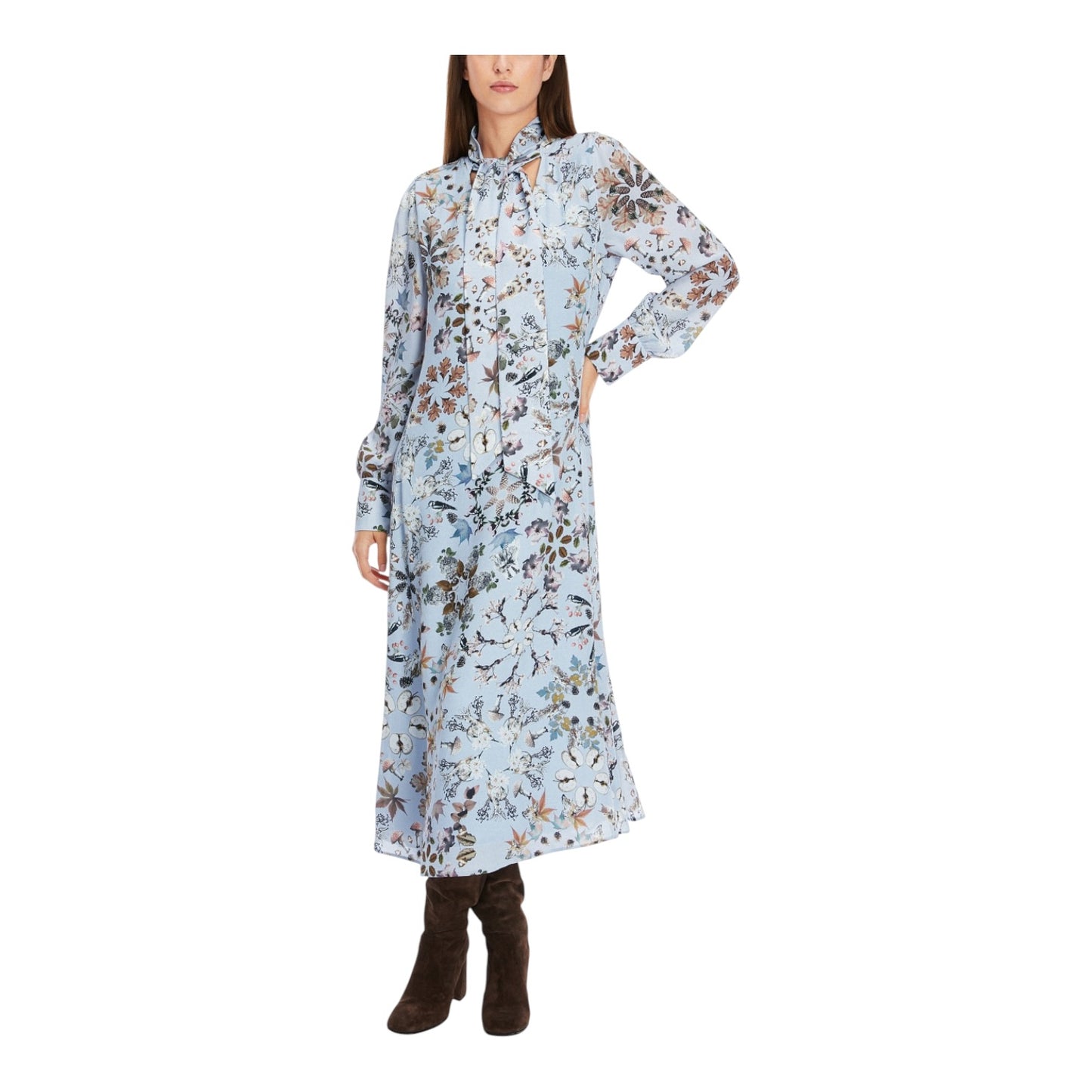 Marc Cain Tie Neck Blue Autumnal Print Dress - 14