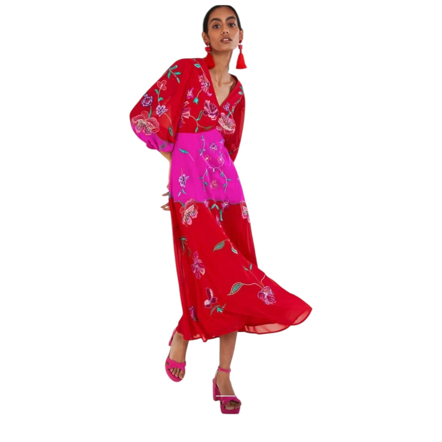 Monsoon Joanna Embellished Dress in Pink and Red - 14 - NEW
