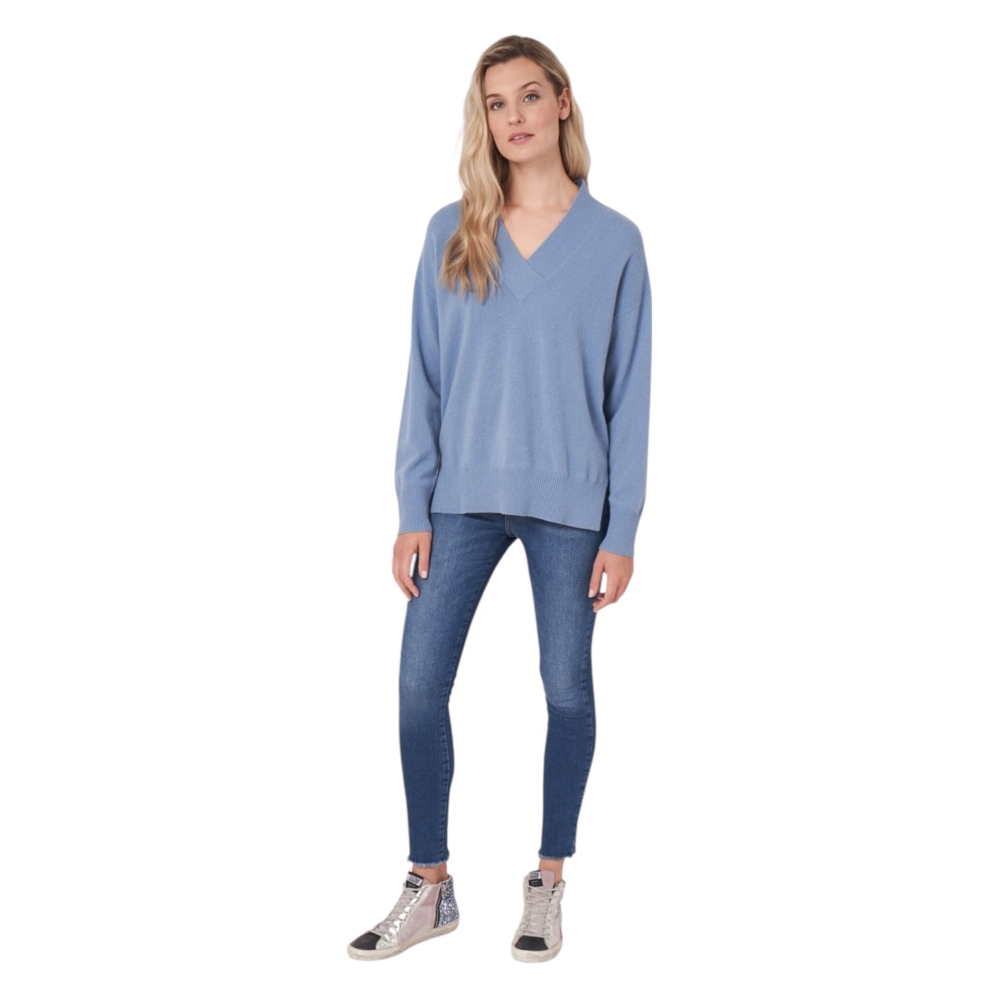 Repeat Blue 'Water' Deep V-neck Cashmere Sweater - 12/14