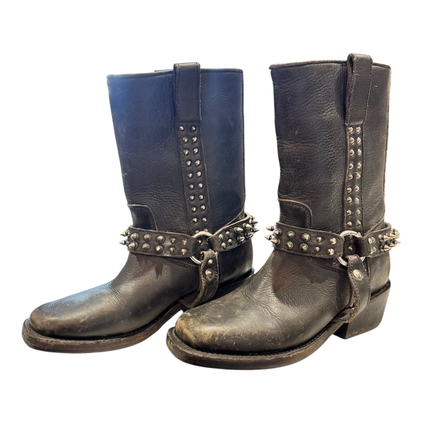 Ash Leather Mid-Calf Distressed Studded Boots - 37/4 - Worn Twice