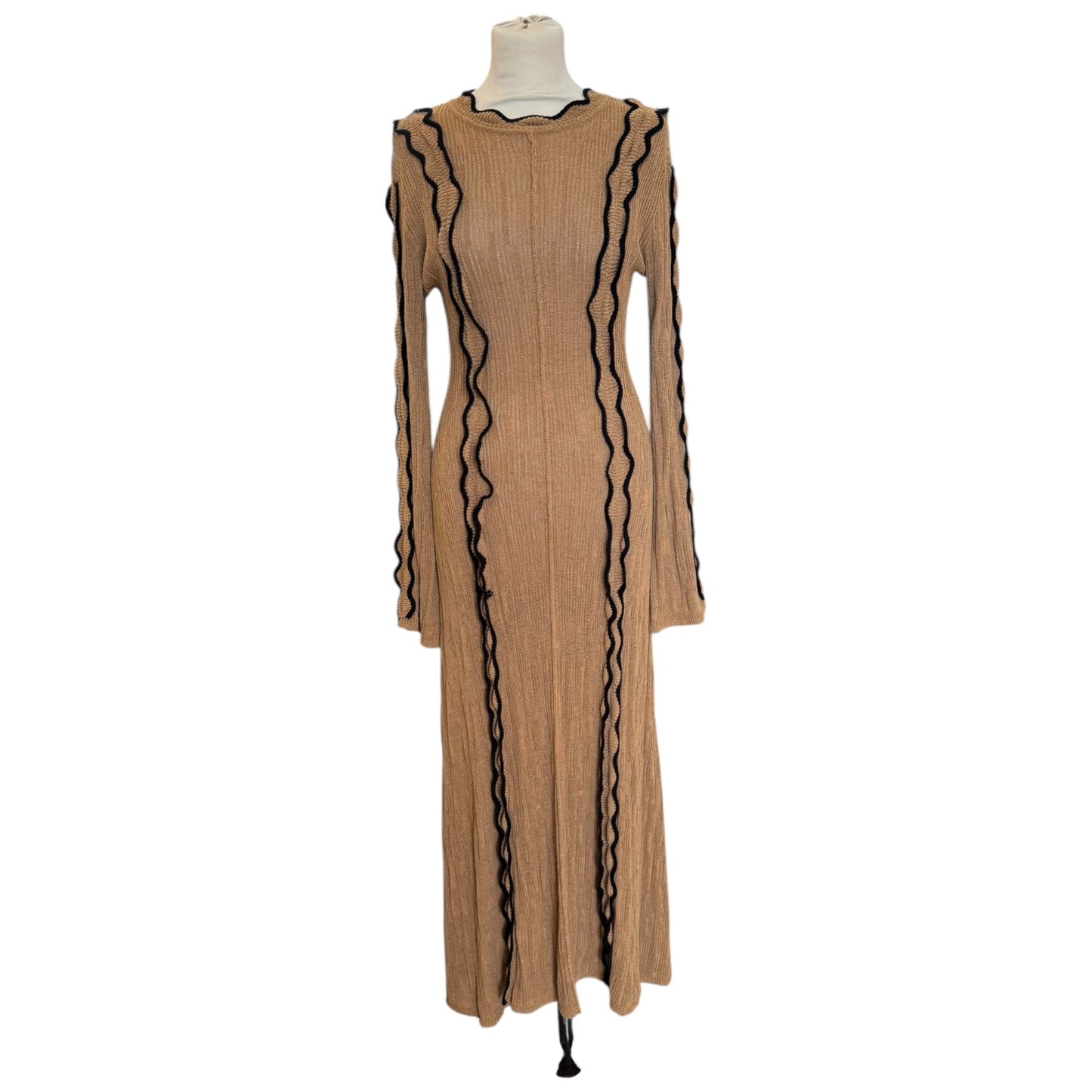 Jigsaw Camel and Black Scallop Trim Knitted Dress - 8/10