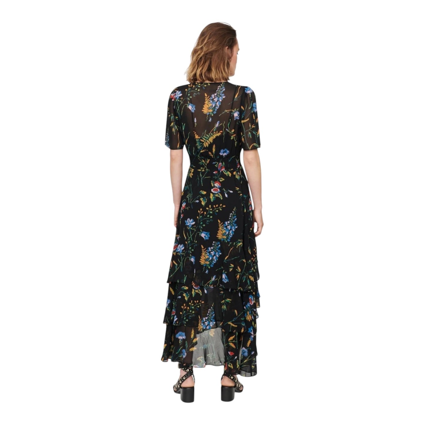 Maje Printed Maxi Dress with Ruffles - 10