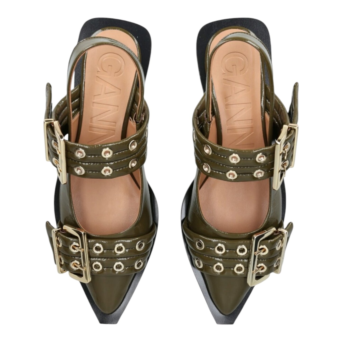 Ganni Khaki Buckle Ballerina Patent Slingback Flats - 37/4 - NEW
