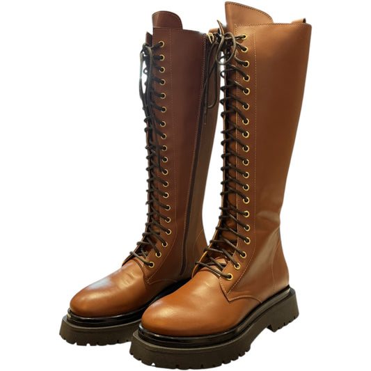 8 By Yoox Brown Leather Lace-Up Tall Boots - 38 / 5