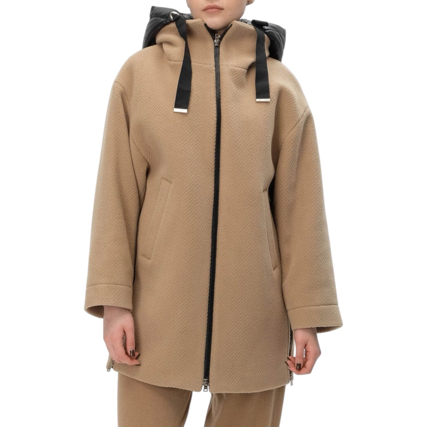 Herno Beige Herringbone Zip Up Coat - 12/14