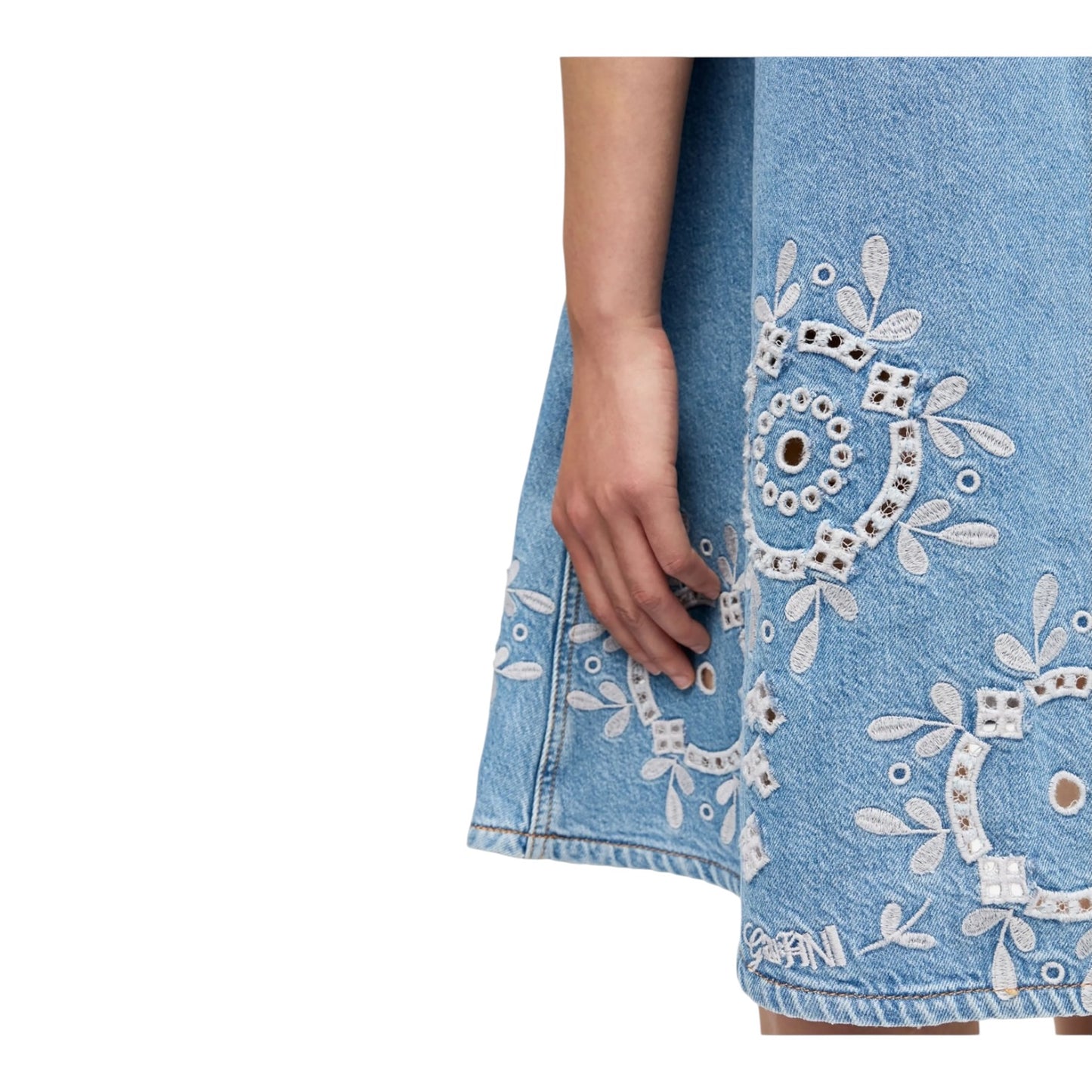 Ganni Broderie Anglaise Denim Mini Dress - 10