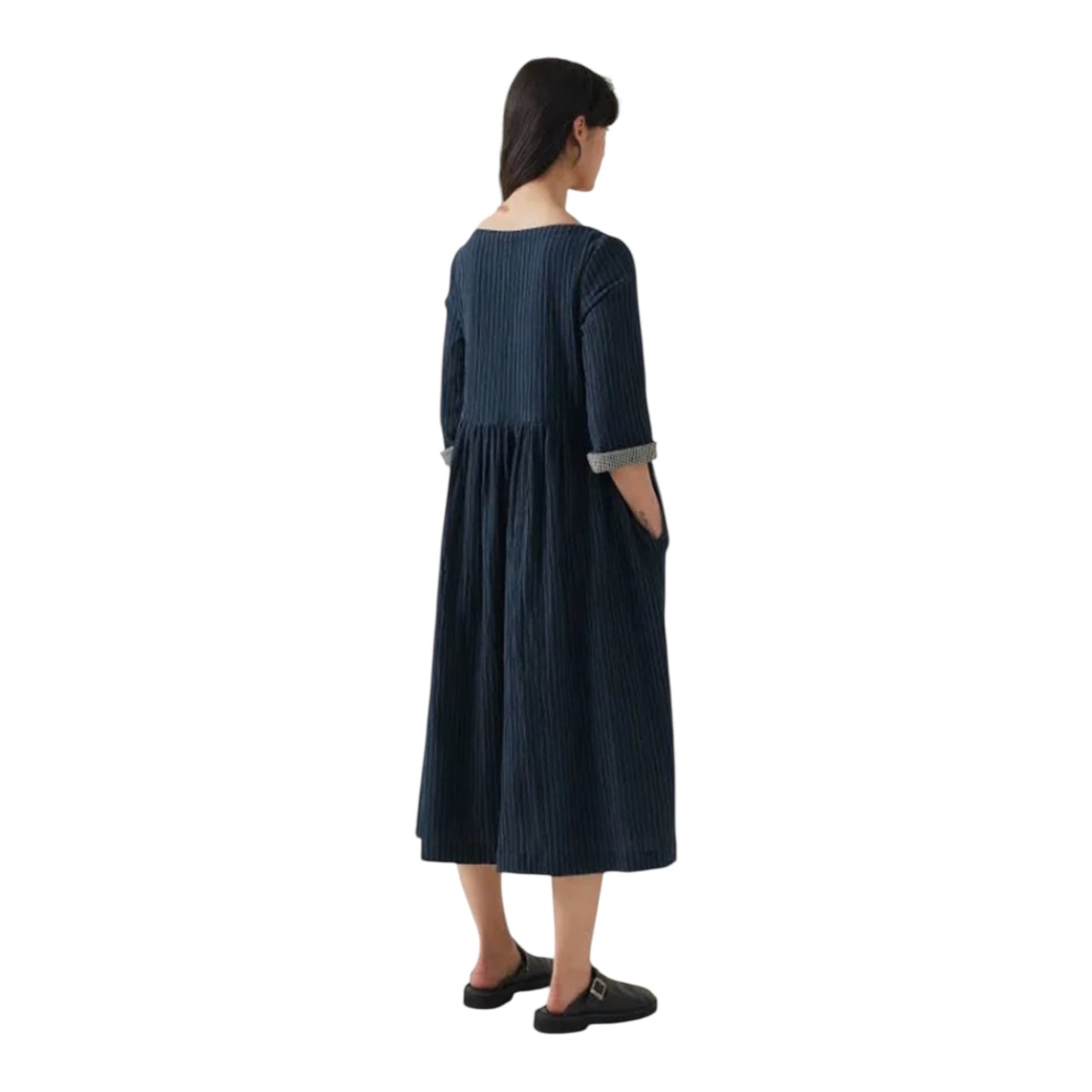 Toast Freya Crinkle Navy Gingham Lined Cotton Dress - 12