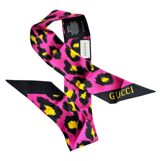 Gucci Pink and Yellow Leopard Print Silk Twilly
