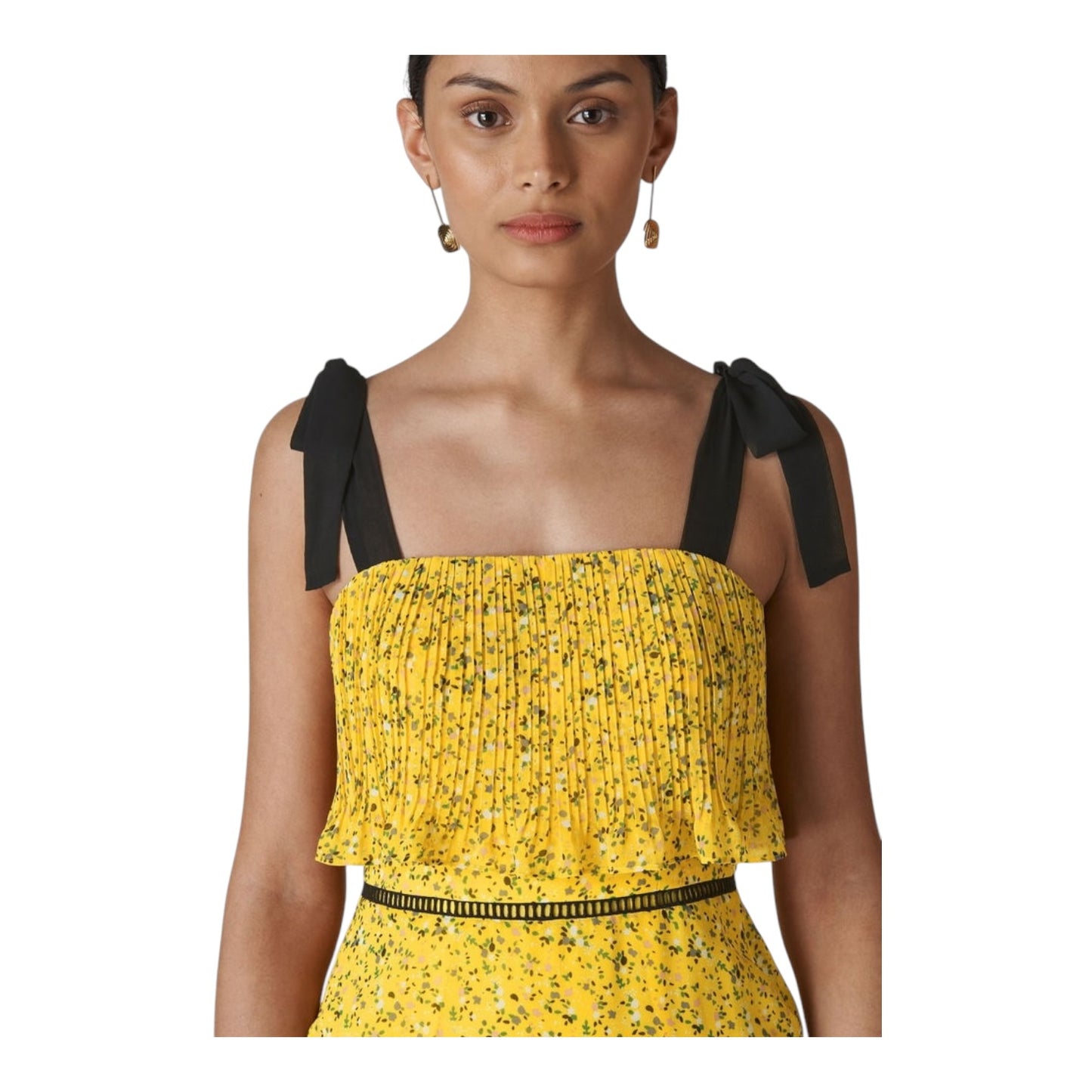 Whistles Yellow Ditsy Blossom Pleated Dress - 8