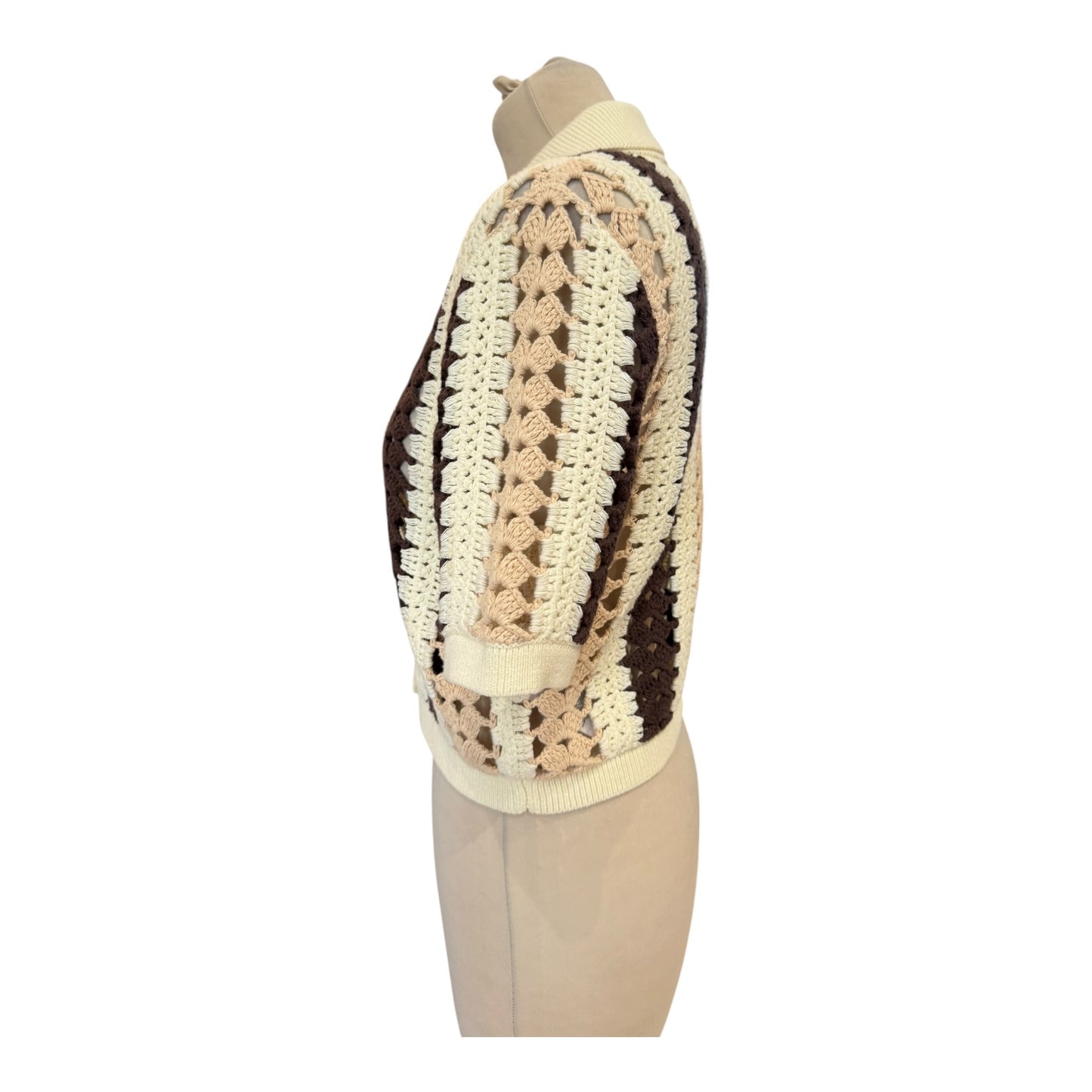 Reiss Cream Brown Roni Cotton Crochet Striped Shirt - 8/10