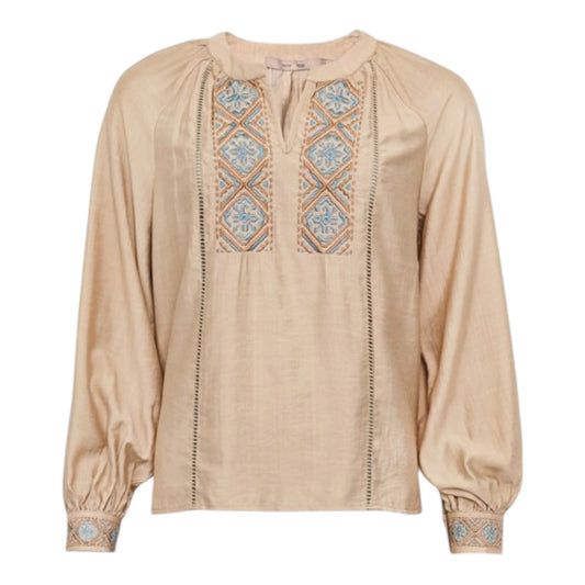 Costa Mani Emilie Sand Blue Embroidery Blouse - 12 - NEW
