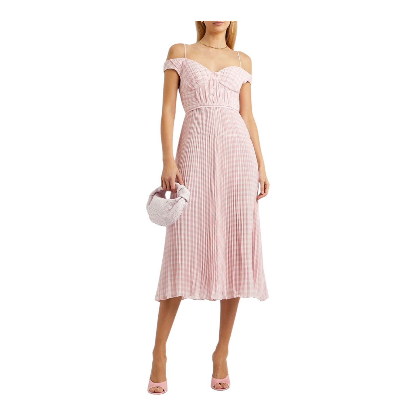 Self-Portrait Gingham Plissé Chiffon Midi Dress - 10 - NEW
