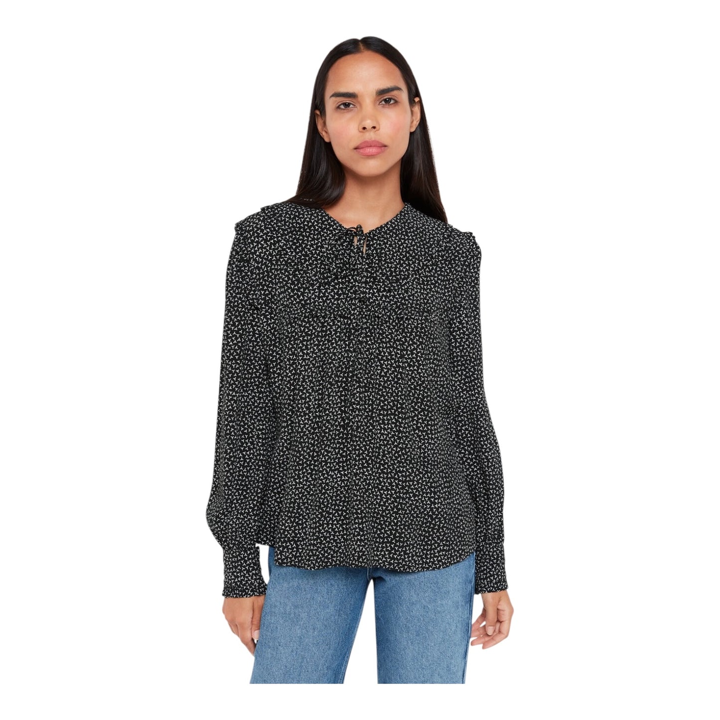 Whistles Black Y Print Ruffled Blouse - 12